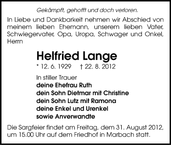 Todesanzeige von Helfried Lange von Gesamtausgabe