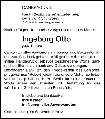 Todesanzeige von Ingeborg Otto von Gesamtausgabe