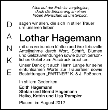 Todesanzeige von Lothar Hagemann von Gesamtausgabe
