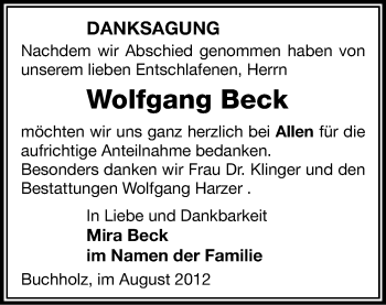 Todesanzeige von Wolfgang Beck von Gesamtausgabe