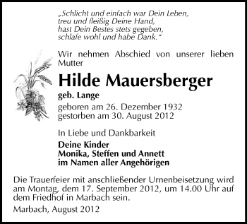 Todesanzeige von Hilde Mauersberger von Gesamtausgabe