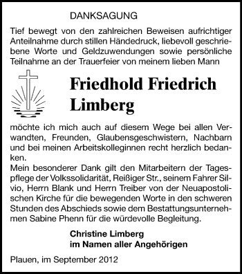 Todesanzeige von Friedhold Friedrich Limberg von Gesamtausgabe