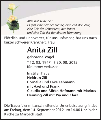 Todesanzeige von Anita Zill von Gesamtausgabe