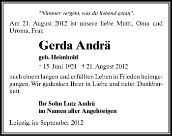 Todesanzeige von Gerda Andrä von Gesamtausgabe