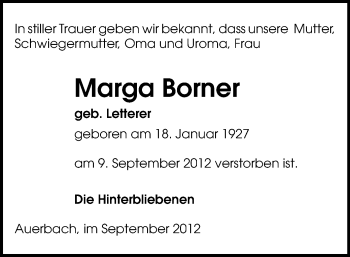 Todesanzeige von Marga Borner von Gesamtausgabe