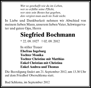 Todesanzeige von Siegfried Bochmann von Gesamtausgabe