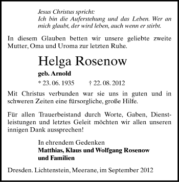 Todesanzeige von Helga Rosenow von Gesamtausgabe