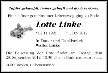 Todesanzeige von Lotte Linke von Gesamtausgabe
