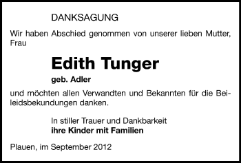Todesanzeige von Edith Tunger von Gesamtausgabe