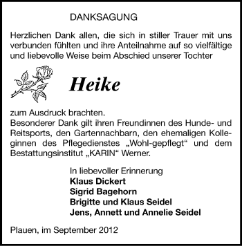 Todesanzeige von Heike  von Gesamtausgabe