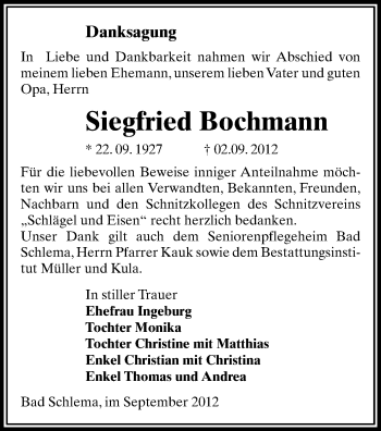 Todesanzeige von Siegfried Bochmann von Gesamtausgabe