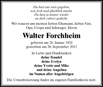 Todesanzeige von Walter Forchheim von Gesamtausgabe