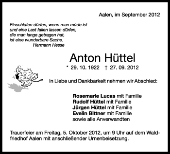 Todesanzeige von Anton Hüttel von Gesamtausgabe