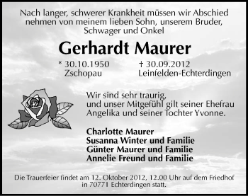 Todesanzeige von Gerhardt Maurer von Gesamtausgabe