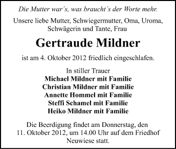 Todesanzeige von Gertraude Mildner von Gesamtausgabe