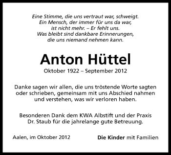 Todesanzeige von Anton Hüttel  von Gesamtausgabe