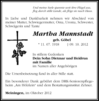 Todesanzeige von Martha Mannstadt von Gesamtausgabe