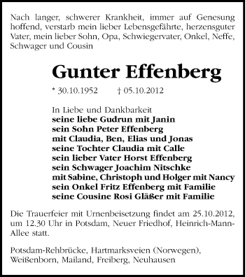 Todesanzeige von Gunter Effenberg von Gesamtausgabe