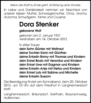 Todesanzeige von Dora Stenker von Gesamtausgabe