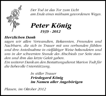 Todesanzeige von Peter König von Gesamtausgabe