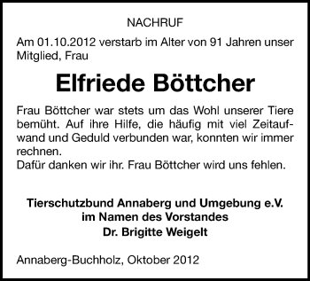 Todesanzeige von Elfriede Böttcher von Gesamtausgabe