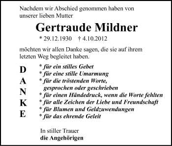 Todesanzeige von Gertraude Mildner von Gesamtausgabe