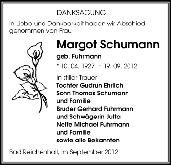 Todesanzeige von Margot Schumann von Gesamtausgabe