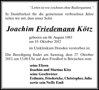 Todesanzeige von Joachim Friedemann Kötz von Gesamtausgabe