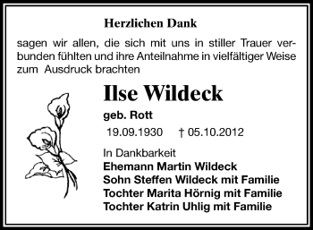Todesanzeige von Ilse Wildeck von Chemnitz