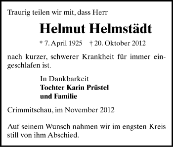 Todesanzeige von Helmut Helmstädt von Gesamtausgabe