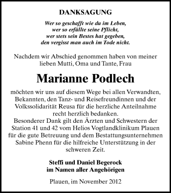 Todesanzeige von Marianne Podlech von Plauen