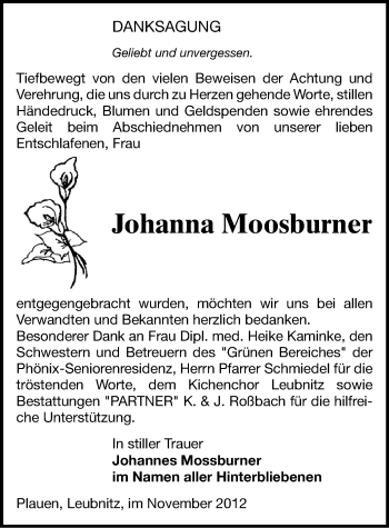 Todesanzeige von Johanna Moosburner von Plauen