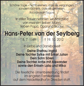 Todesanzeige von Hans-Peter van der Seylberg von Chemnitz