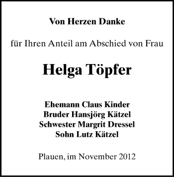 Todesanzeige von Helga Töpfer von Plauen