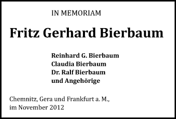 Todesanzeige von Fritz Gerhard Bierbaum von Chemnitz