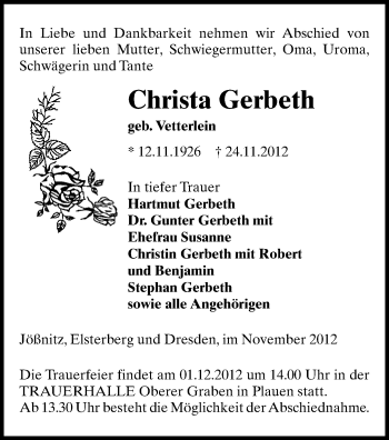 Todesanzeige von Christa Gerbeth von Plauen