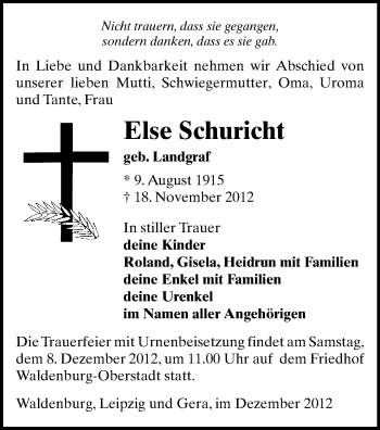 Todesanzeige von Else Schuricht von Glauchau
