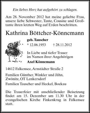 Todesanzeige von Kathrina Böttcher-Könnemann von Aue