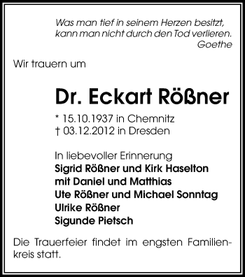Todesanzeige von Eckart Rößner von Chemnitz