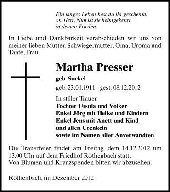 Todesanzeige von Martha Presser von Auerbach