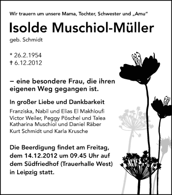 Todesanzeige von Isolde Muschiol-Müller von Chemnitz