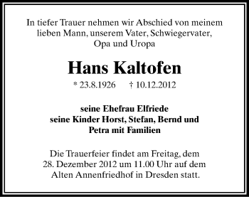 Todesanzeige von Hans Kaltofen von Plauen