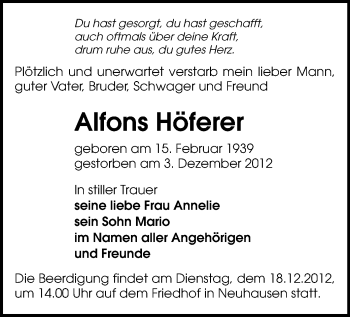 Todesanzeige von Alfons Höferer von Freiberg / Brand Erbisdorf