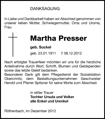 Todesanzeige von Martha Presser von Auerbach