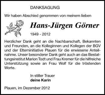 Todesanzeige von Hans-Jürgen Görner von Plauen