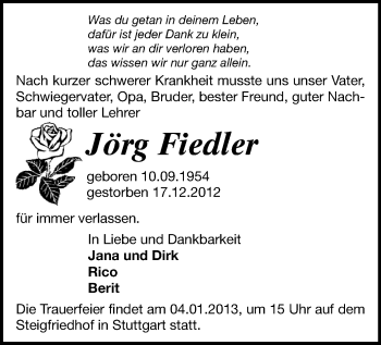 Todesanzeige von Jörg Fiedler von Freiberg / Brand Erbisdorf