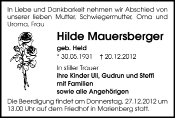 Todesanzeige von Hilde Mauersberger von Marienberg