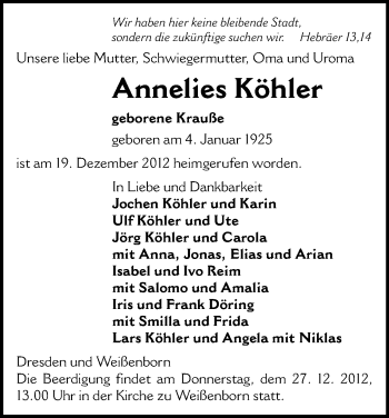 Todesanzeige von Annelies Köhler von Freiberg / Brand Erbisdorf