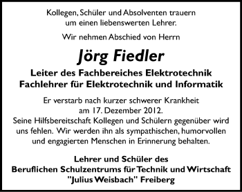 Todesanzeige von Jörg Fiedler von Freiberg / Brand Erbisdorf