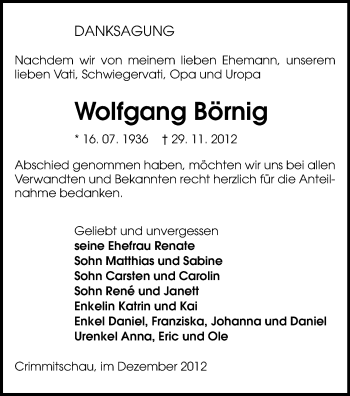 Todesanzeige von Wolfgang Börnig von Werdau